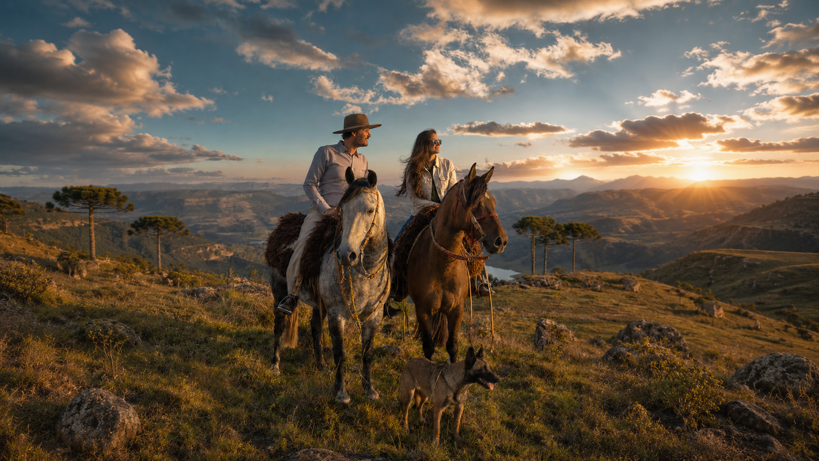 Casal a cavalo no mirante ao pôr do sol na Serra Catarinense